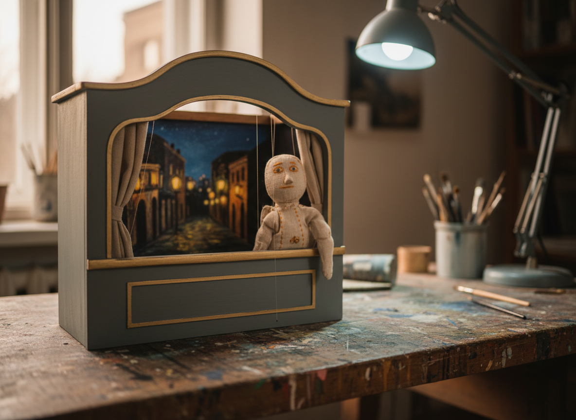 Un pequeño teatro de títeres de mesa, construido en madera pintada de azul grisáceo con molduras doradas discretas, se alza sobre una mesa de trabajo manchada de pintura. En el interior del marco del escenario se ve un fondo pintado a mano de una ciudad nocturna, con faroles encendidos. Una marioneta de varilla, de tela lino crudo y detalles bordados en tonos ocres, asoma entre las cortinillas laterales. Luz suave de tarde entra por una ventana fuera de cuadro, mezclada con la luz fría de una lámpara de taller, creando un contraste sutil entre calidez y precisión. Composición fotográfica realista en plano general corto, con ligera profundidad de campo que deja borrosas herramientas y pinceles al fondo, transmitiendo un ambiente de creación sofisticada y artesanal.