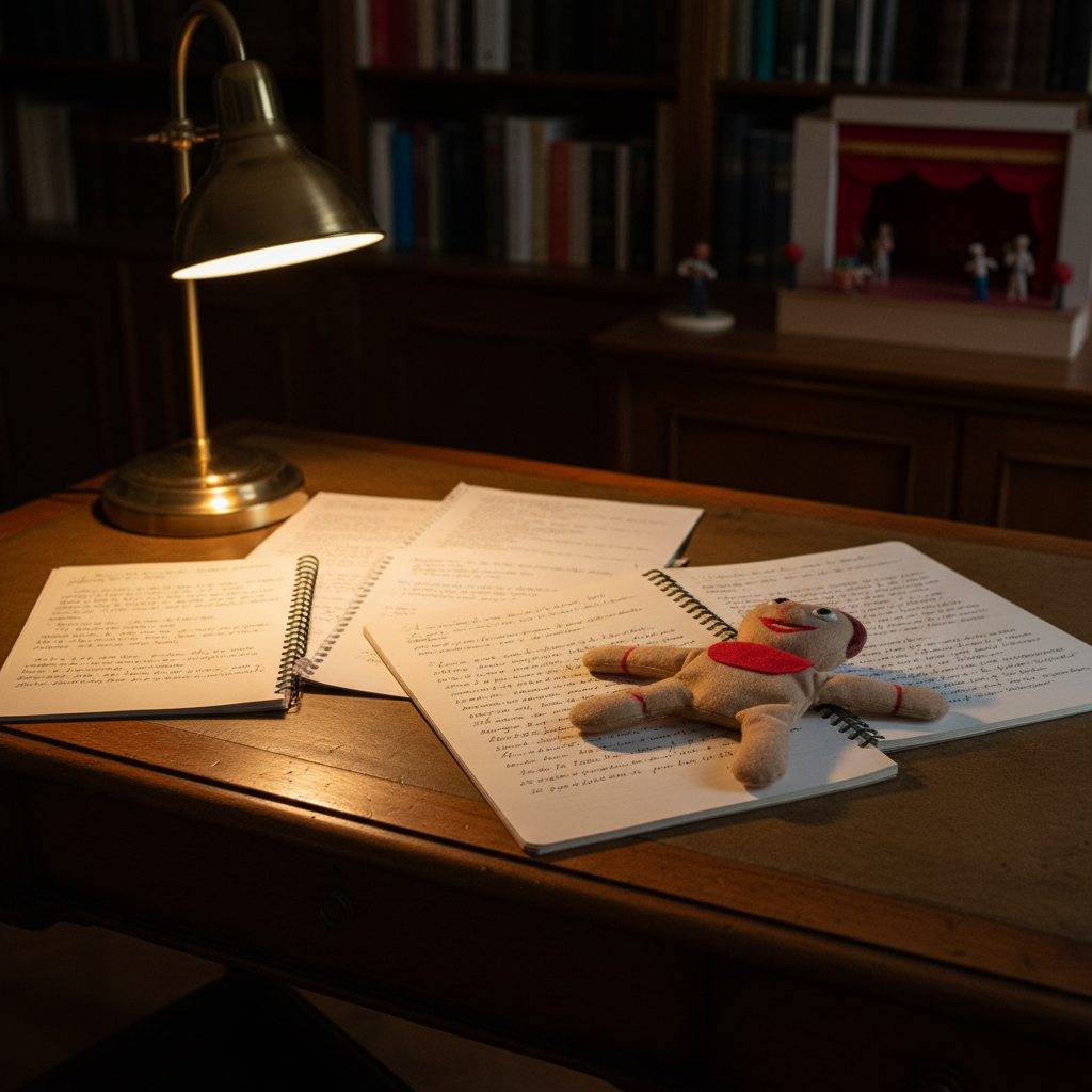 Un escritorio antiguo de madera nogal, pulido por el tiempo, cubierto con cuadernos abiertos llenos de notas manuscritas en español sobre dramaturgia de títeres, junto a una pequeña marioneta de guante de fieltro beige y rojo, reposando sobre las páginas. A un lado, una lámpara de escritorio de latón proyecta una luz cálida y concentrada, creando sombras alargadas de la marioneta y resaltando el relieve de la tinta sobre el papel. Al fondo, ligeramente desenfocados, se distinguen estanterías con libros de teatro y una maqueta de escenario en miniatura. Fotografía realista en plano medio, tomada en ángulo ligeramente elevado, con atmósfera serena, intelectual y reflexiva, evocando el espacio íntimo de quien traduce y piensa el arte del títere.