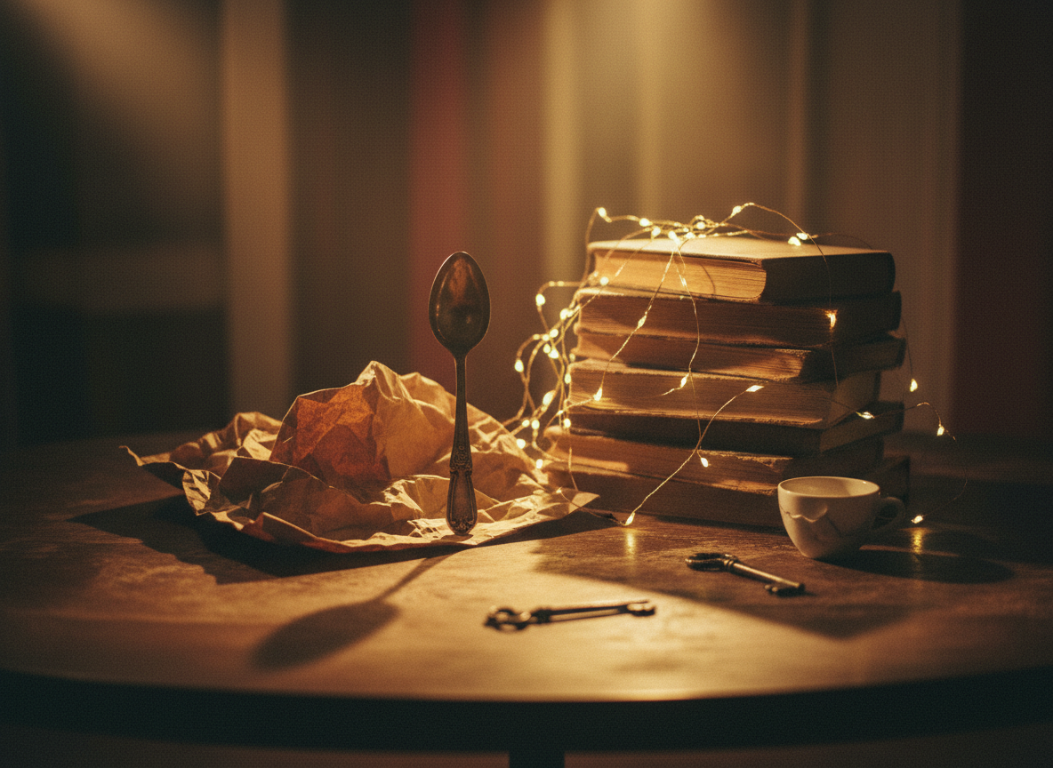 An atmospheric, slightly abstract scene inspired by object theatre: a dimly lit tabletop with everyday objects arranged as if they were actors on a tiny stage, dramatic shadows, warm theatrical lighting, subtle vintage texture, no literal puppets, cinematic composition, sophisticated artful mood